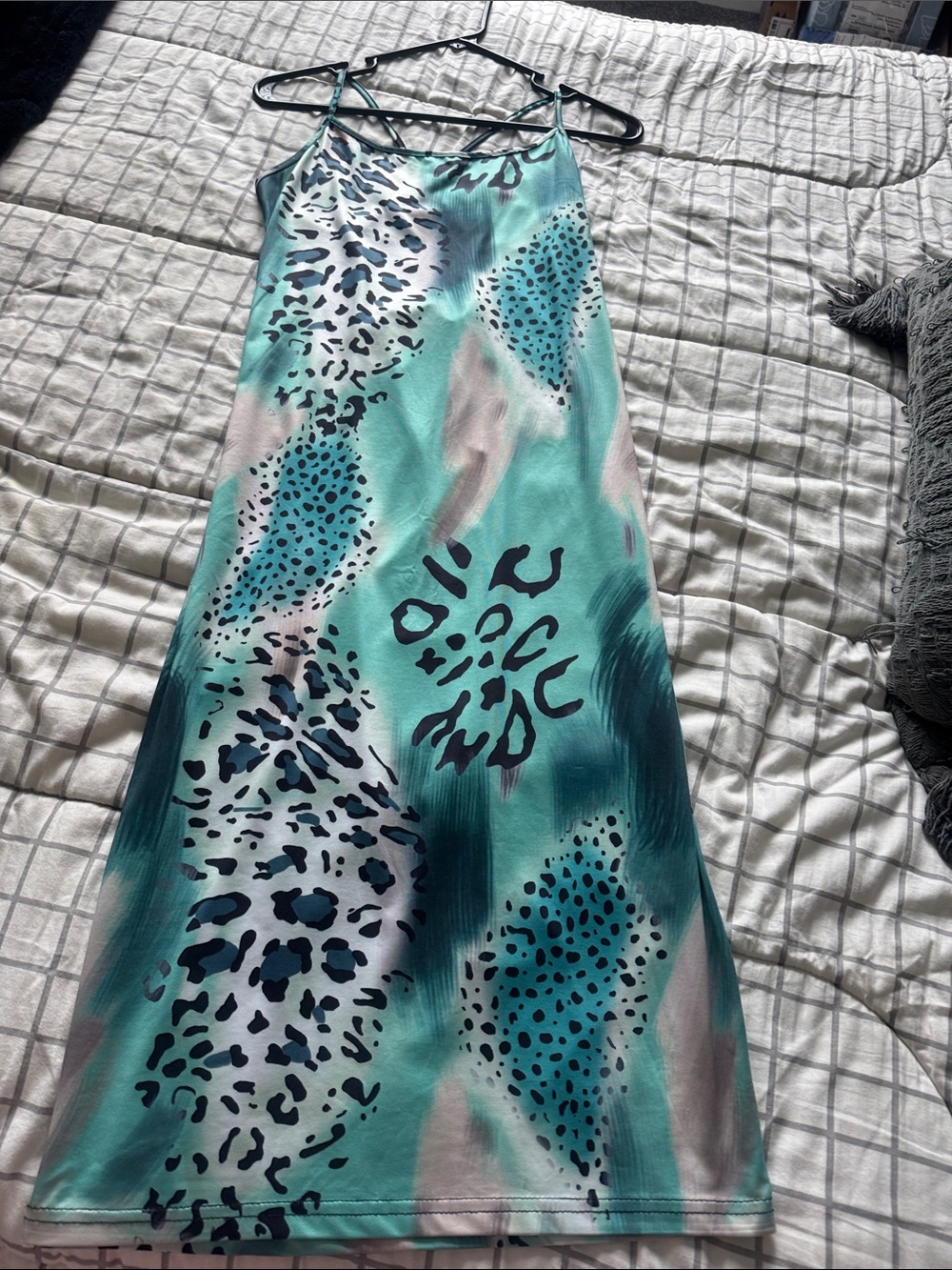 SHEIN Teal and Black Animal-Print Midi Slip Dress
